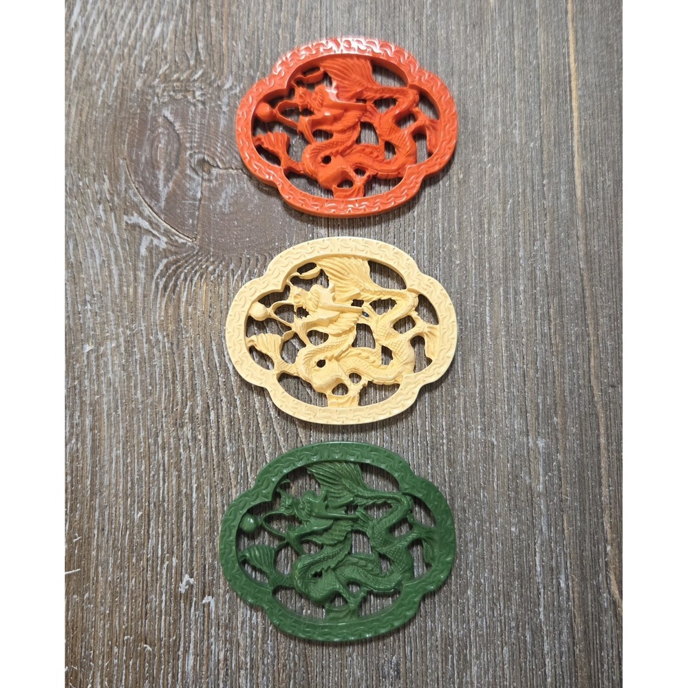 3 Faux Carved Jade Dragons 2x3in Green, Orange, Cream BY Mimi Di N 1977 Plastic